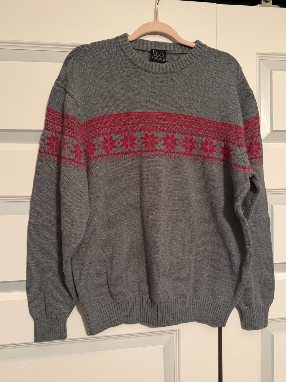 Men's Gray Sweater with Red Fair Isle Stripe -